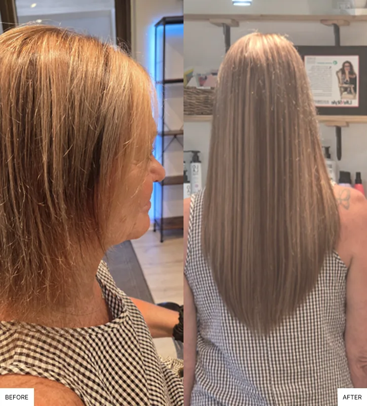 Hair extensions before and after at The Wild Berry Salon